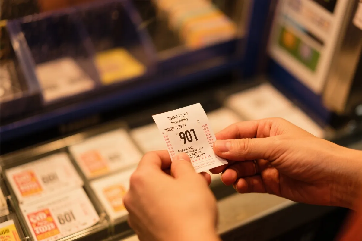 彩票售卖窗口的特写镜头，手持彩票的画面